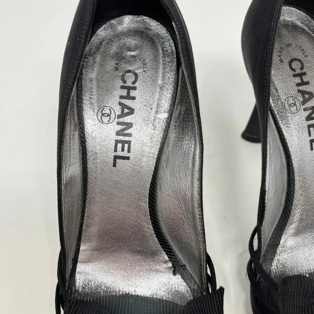 Vintage Chanel CC Pearl Black Heel Sandal Pump with Bow size 37 EU